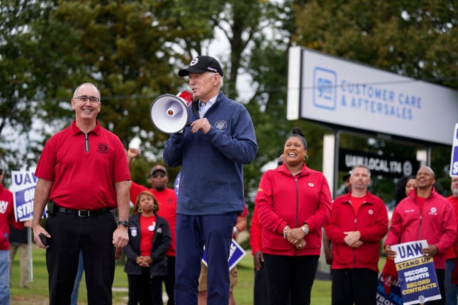 President Joe Biden joined striking United Auto Workers on a picket line last year in Van Buren Township, Mich.