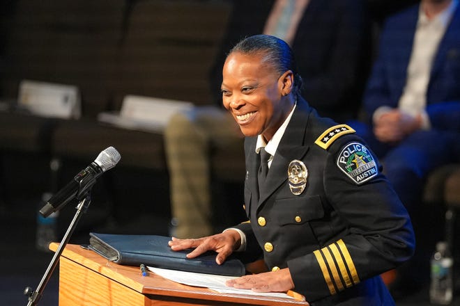 Interim Chief of Police Robin Henderson speaks at the graduation ceremony for the Austin Police Department’s 151st Cadet Class at Bannockburn Church on Friday, April 19, 2024 in Austin.