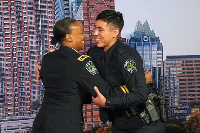 Interim Chief of Police Robin Henderson hugs graduating officer Jessica Caruso at the graduation ceremony for the Austin Police Department’s 151st Cadet Class at Bannockburn Church on Friday, April 19, 2024 in Austin. Caruso is one of 10 graduating women in the 151st Cadet Class, the largest group of women to graduate.