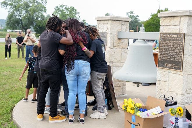 Family of Malachi Williams hug ahead of a vigil outside San Marcos City Hall on Thursday, April 25, 2024 in San Marcos, Texas. Williams was killed by San Marcos Police on Thursday, April 11, 2024.